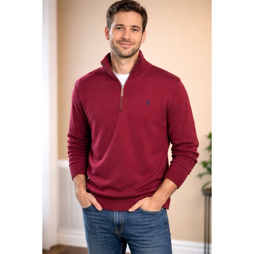 Austin Reed Sweater Men's M quarter 1/4 zip Cotton Maroon/Red.